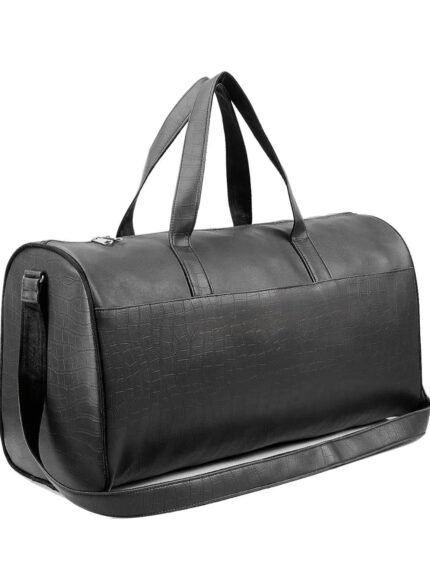 This is a Black Croc-Textured Duffle Travel Bag – sleek design, spacious interior, dual handles, and a detachable shoulder strap. Perfect for weekend trips, office travel, or gym.